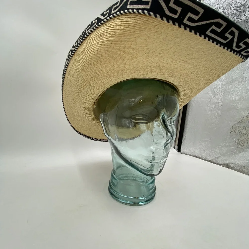 Large Straw Cowboy Hat Beige Black Greek Key Trim Western Rodeo Festival Charro